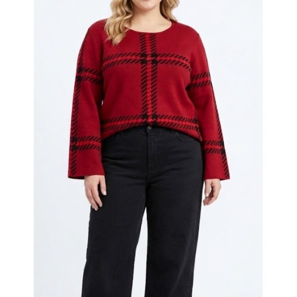 New Premise Sweater XL Red Plaid Crew Neck Bell Sleeve Knit Comfy Relaxed